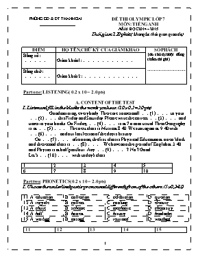 Đề thi olympic môn Tiếng Anh Lớp 7 - Đề 18 - Năm học 2014-2015 - Phòng GD & ĐT Thanh Oai (Có đáp án)